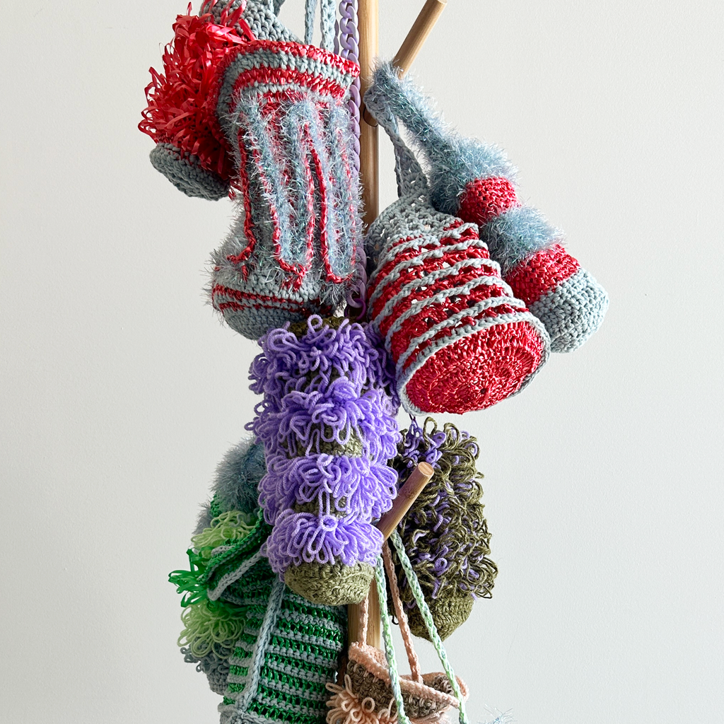 LV31 Loopy Vessel Crocheted Bag with Frill in Sky Blue, Tinsel and Red Stripes