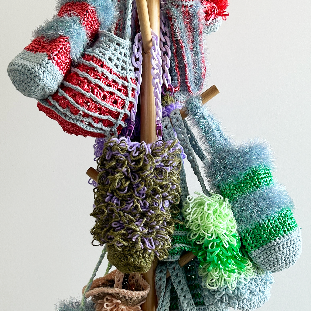 LV26 Loopy Vessel Crocheted Bag in Sky Blue, Pistachio Green and Emerald Green Stripes