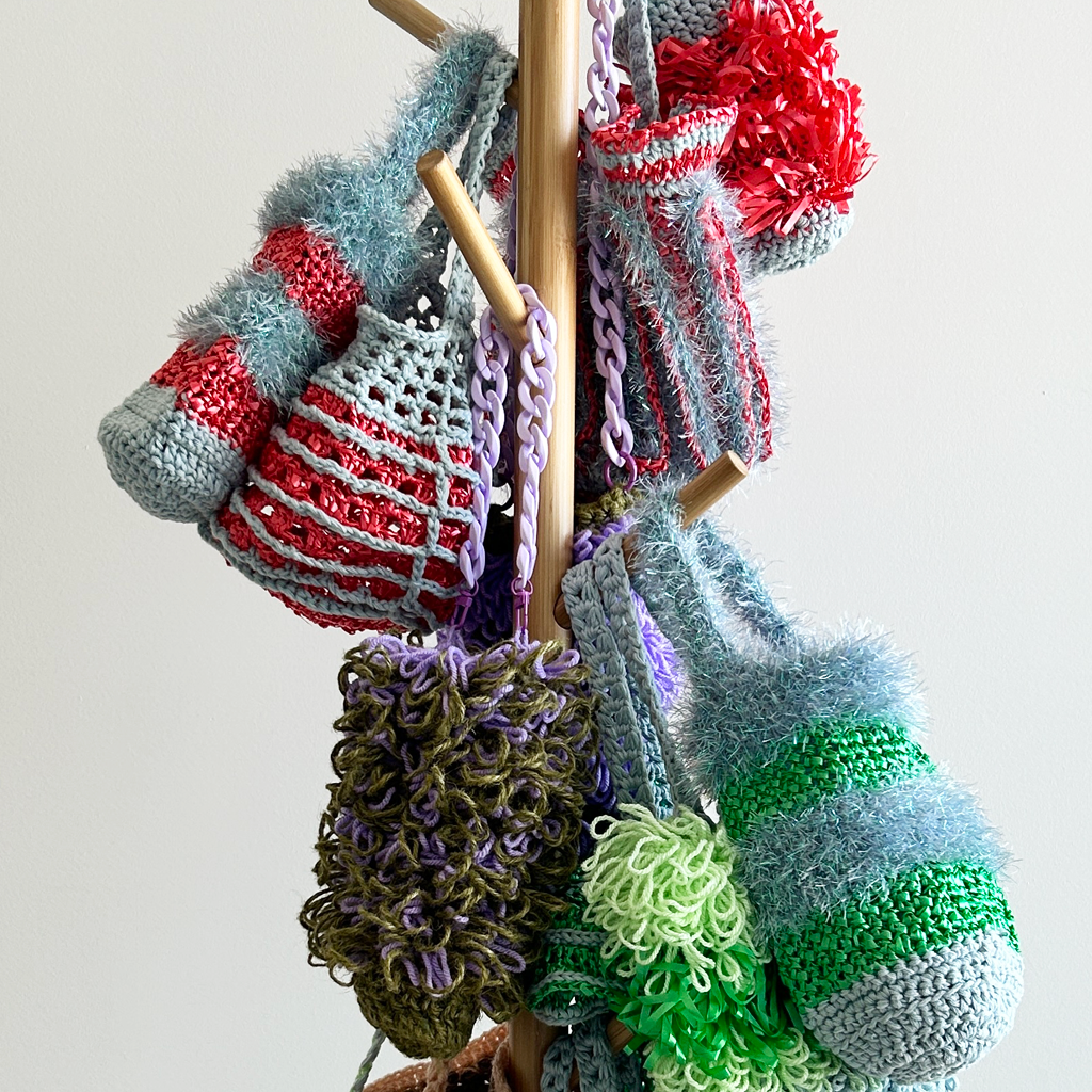 LV23 Loopy Vessel Crocheted Bag in Sky Blue Tinsel with Red or Green Stripes