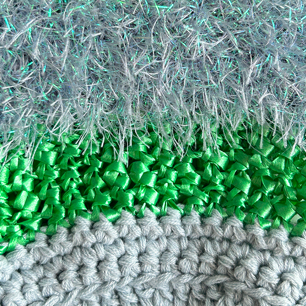 LV23 Loopy Vessel Crocheted Bag in Sky Blue Tinsel with Red or Green Stripes