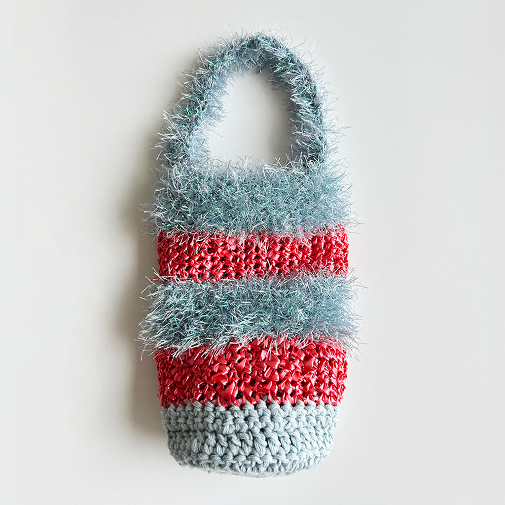 LV23 Loopy Vessel Crocheted Bag in Sky Blue Tinsel with Red or Green Stripes