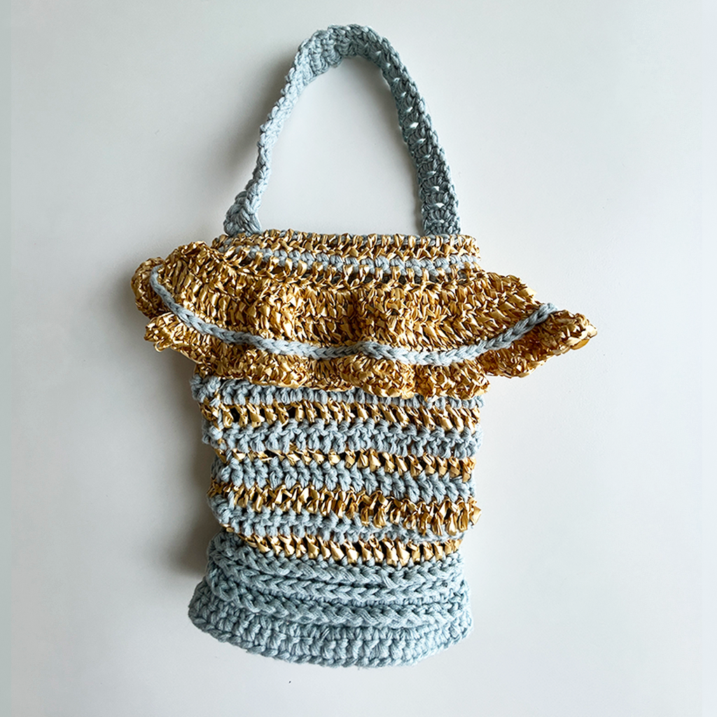 LV28 Loopy Vessel Crocheted Bag with Frill in Sky Blue and Gold