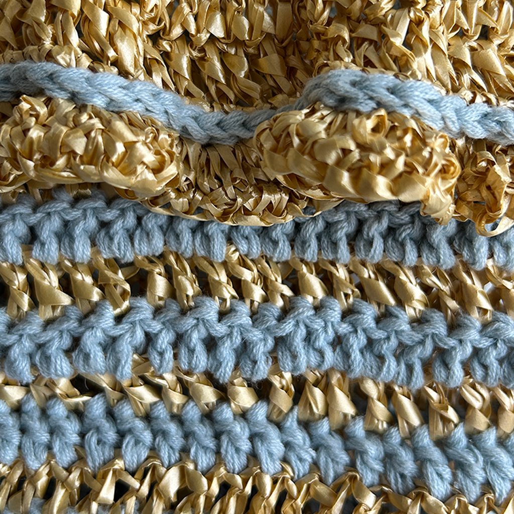 LV28 Loopy Vessel Crocheted Bag with Frill in Sky Blue and Gold