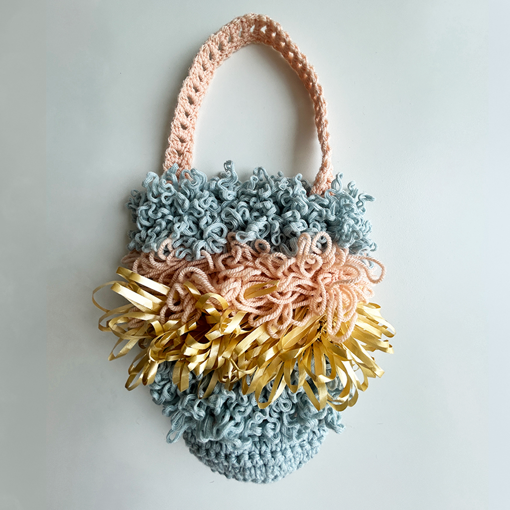 LV29 Loopy Vessel Crocheted Bag in Sky Blue, Peach and Gold Stripes