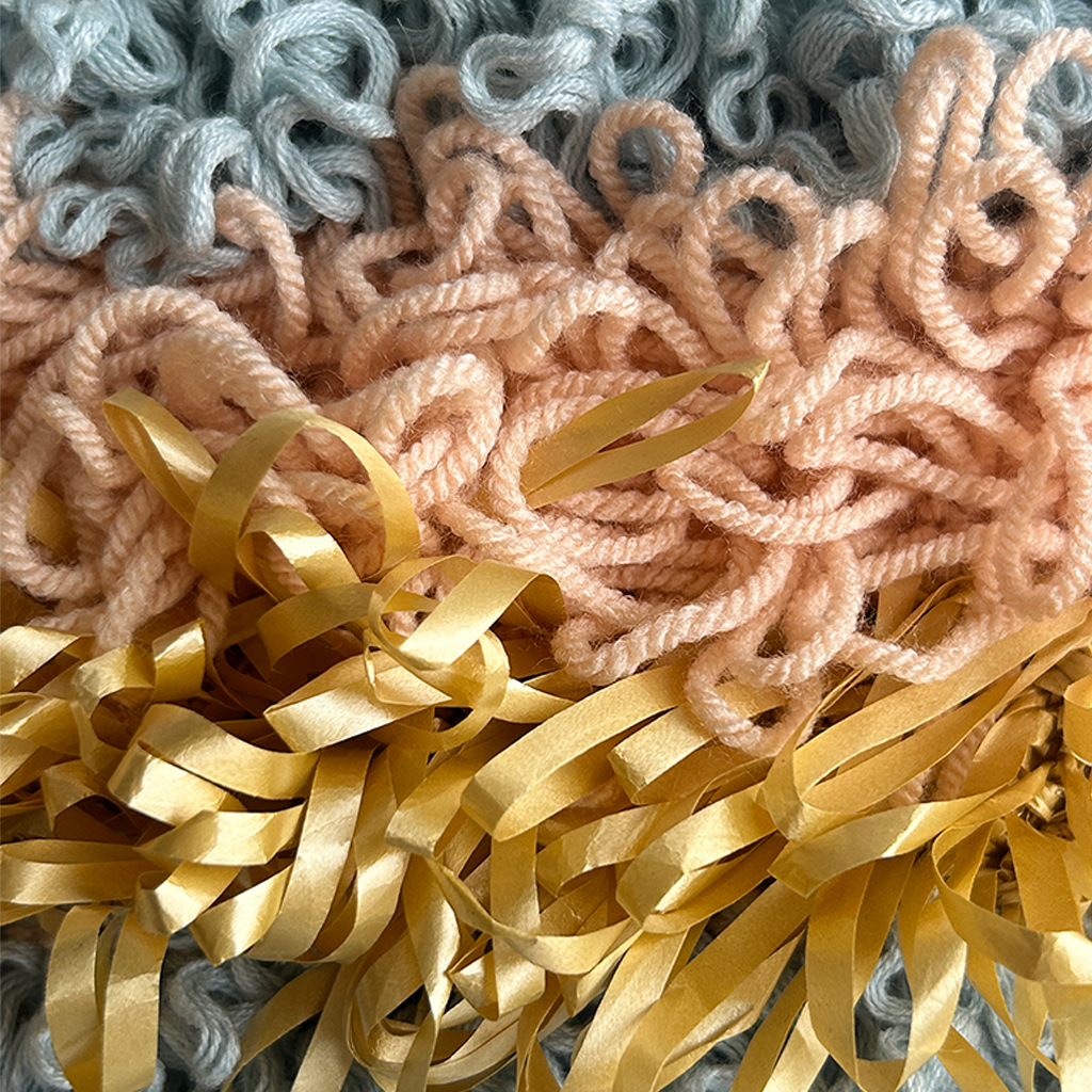 LV29 Loopy Vessel Crocheted Bag in Sky Blue, Peach and Gold Stripes