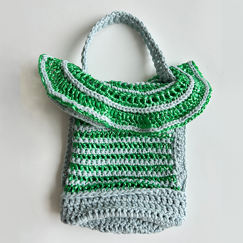 LV30 Loopy Vessel Crocheted Bag with Frill in Sky Blue and Emerald Green Stripes