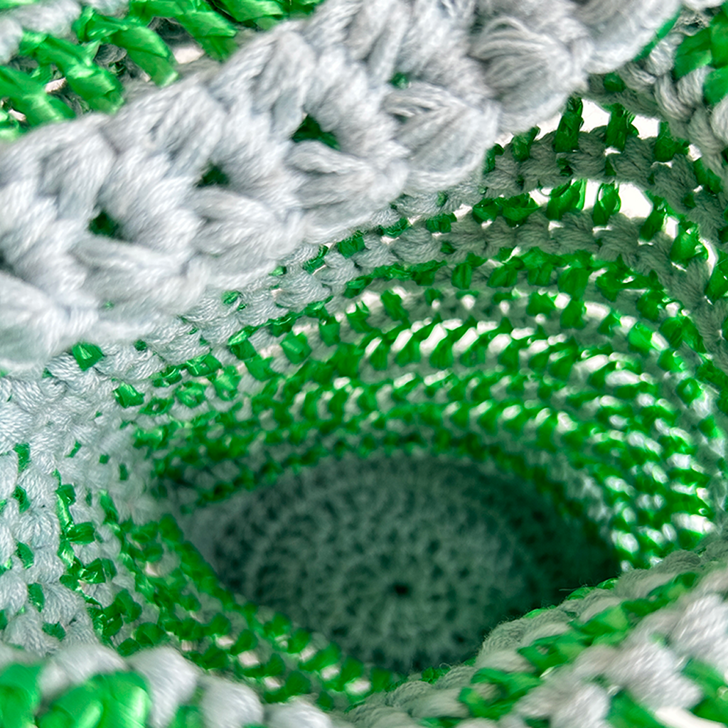 LV30 Loopy Vessel Crocheted Bag with Frill in Sky Blue and Emerald Green Stripes