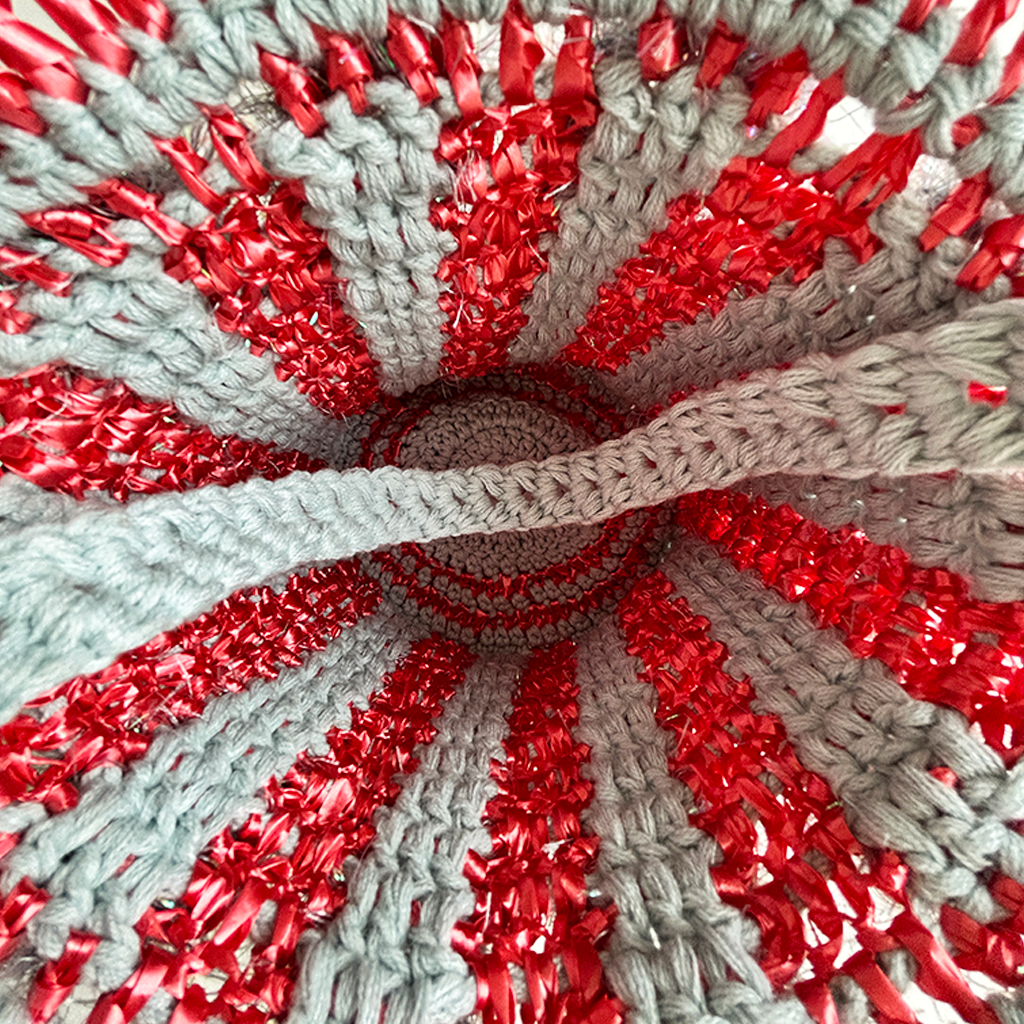 LV31 Loopy Vessel Crocheted Bag with Frill in Sky Blue, Tinsel and Red Stripes