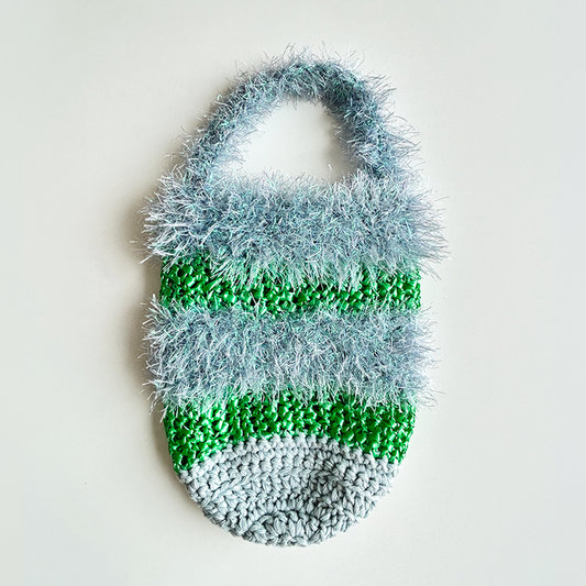 LV23 Loopy Vessel Crocheted Bag in Sky Blue Tinsel with Red or Green Stripes