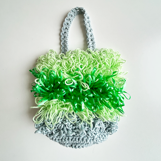 LV26 Loopy Vessel Crocheted Bag in Sky Blue, Pistachio Green and Emerald Green Stripes