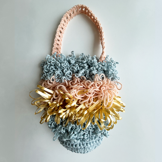 LV29 Loopy Vessel Crocheted Bag in Sky Blue, Peach and Gold Stripes