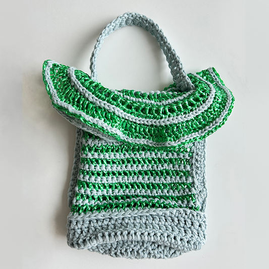 LV30 Loopy Vessel Crocheted Bag with Frill in Sky Blue and Emerald Green Stripes