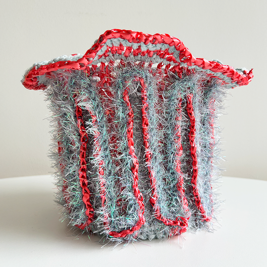 LV31 Loopy Vessel Crocheted Bag with Frill in Sky Blue, Tinsel and Red Stripes